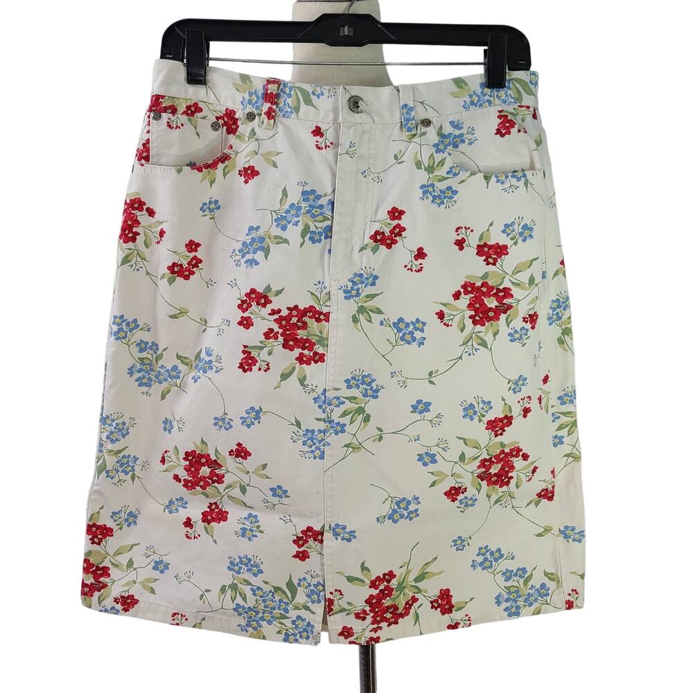Eddie Bauer White Red Green Blue Floral Vintage Skirt Pockets Size 10